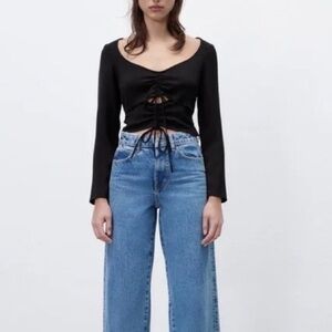 Zara Ruched Cut Out Long Sleeve Black Crop Top NWT